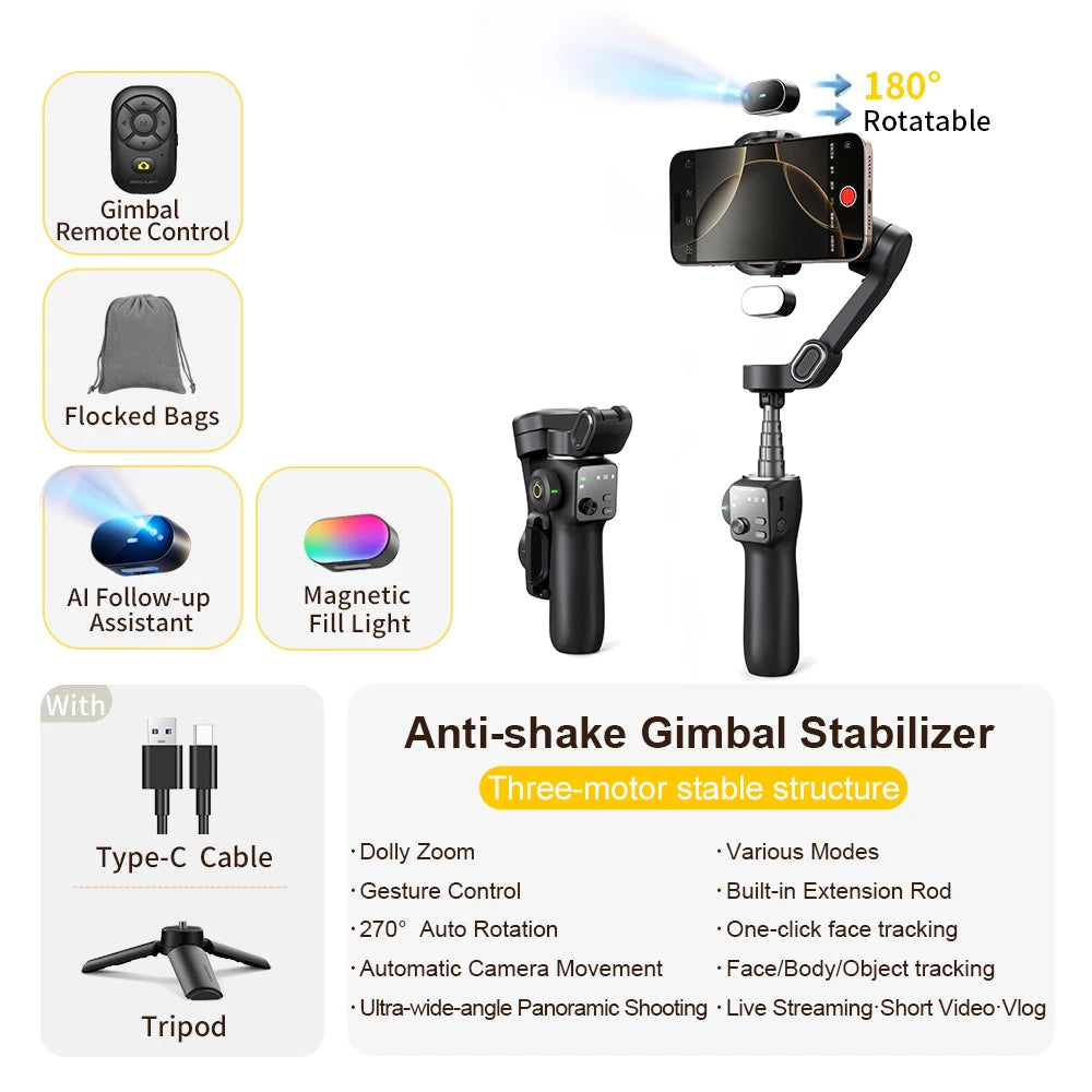 AOCHUAN Handheld Gimbal Stabilizer 3-Axis Smart V8 For Phone with Extension Rod Tripod Face Tracking For iPhone Android TikTok
