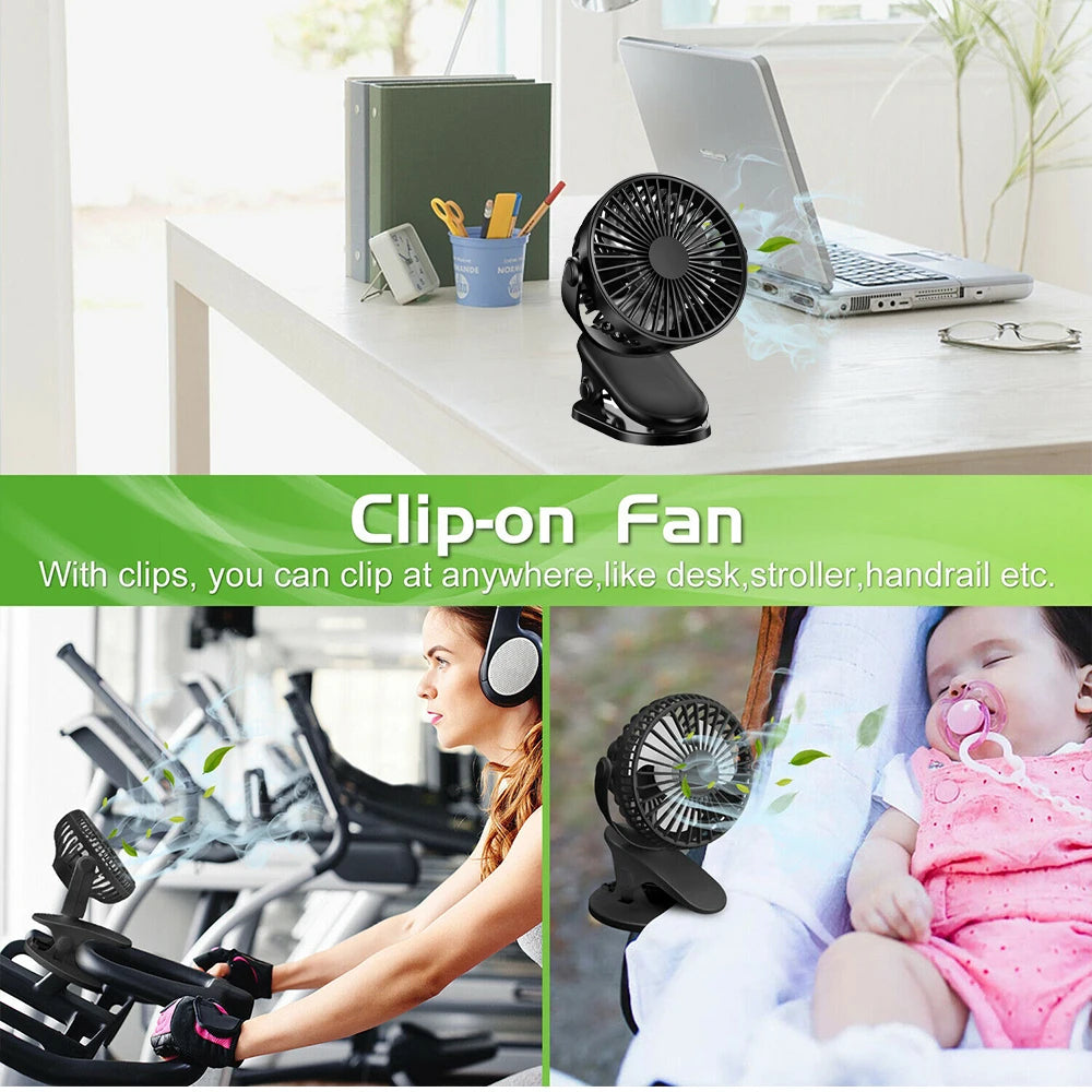 Clip On Fan USB Rechargeable Mini Coog Desk Baby Stroller Portable Handheld