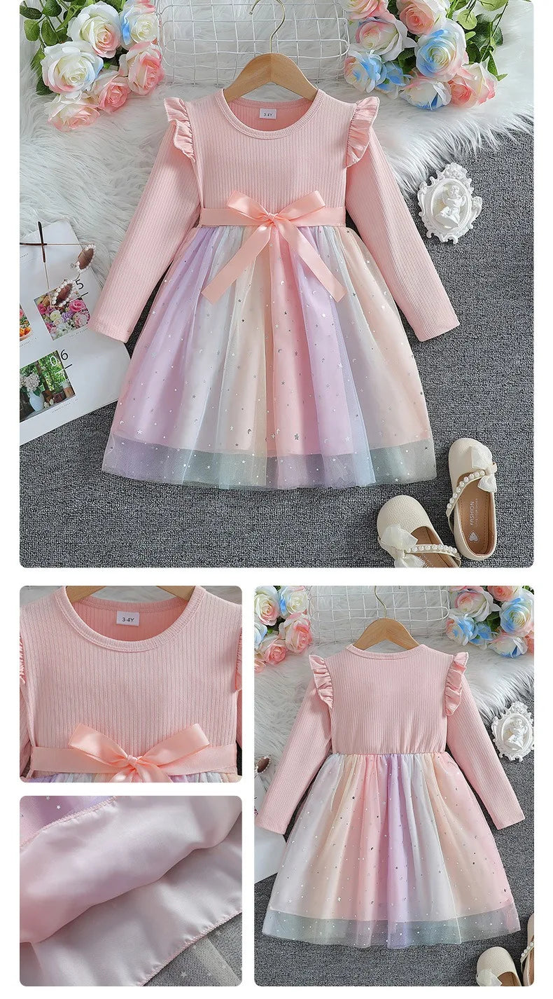 Girls Dress Blue Autumn Princess Dress Kids Clothes Birthday Party Dress Pink Long-sleeved for Children Fashion Rainbow 1-6Y