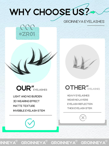 GROINNEYA Cluster Eyelashes Cat Eye Lashes Natural long Lashes Individual Lashes Mixed Tray Eyelash Extension Diy Lashes