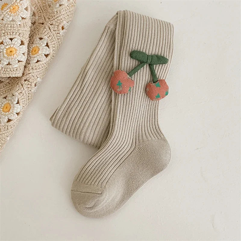 Girls Cotton Tights with Cherry Pattern - Soft Pantyhose for Kids Ages 2-10 Years