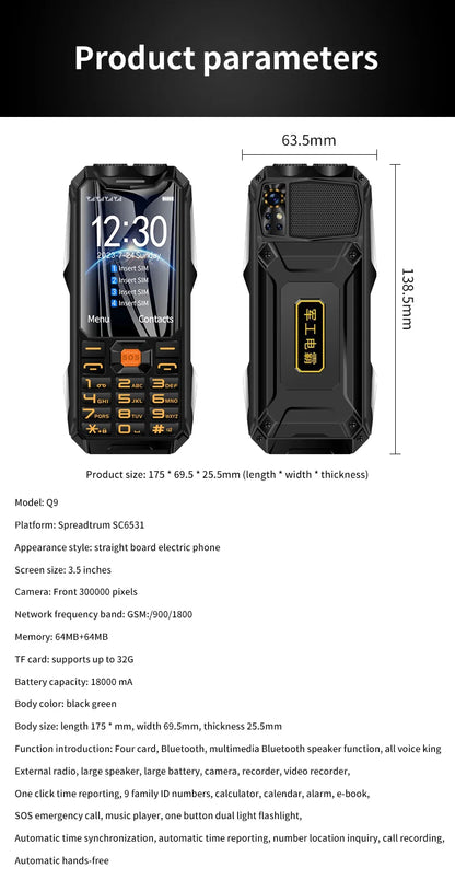Q9 GSM 2G Network Mobile Phone 4 SIM Cards Rugged Bar Cellphone 3.5Inch HD Display Big Battery Loud Voice For Elderly