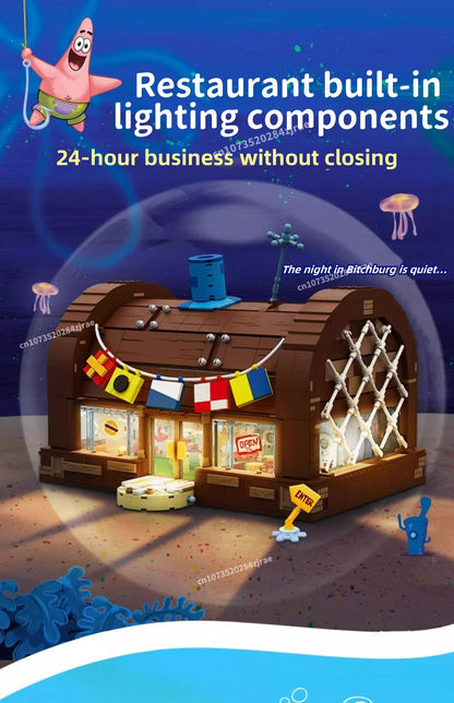 Spongebob building block cartoon Krusty Krab creative restaurant scene model Patrick Star assembly toy children's birthday gift