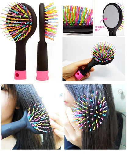 Rainbow Air Volume Paddle Hair Comb Brush with Makeup Mirror Detangler Hair Curl Straight Massage Comb Brush Hair Styling Tool