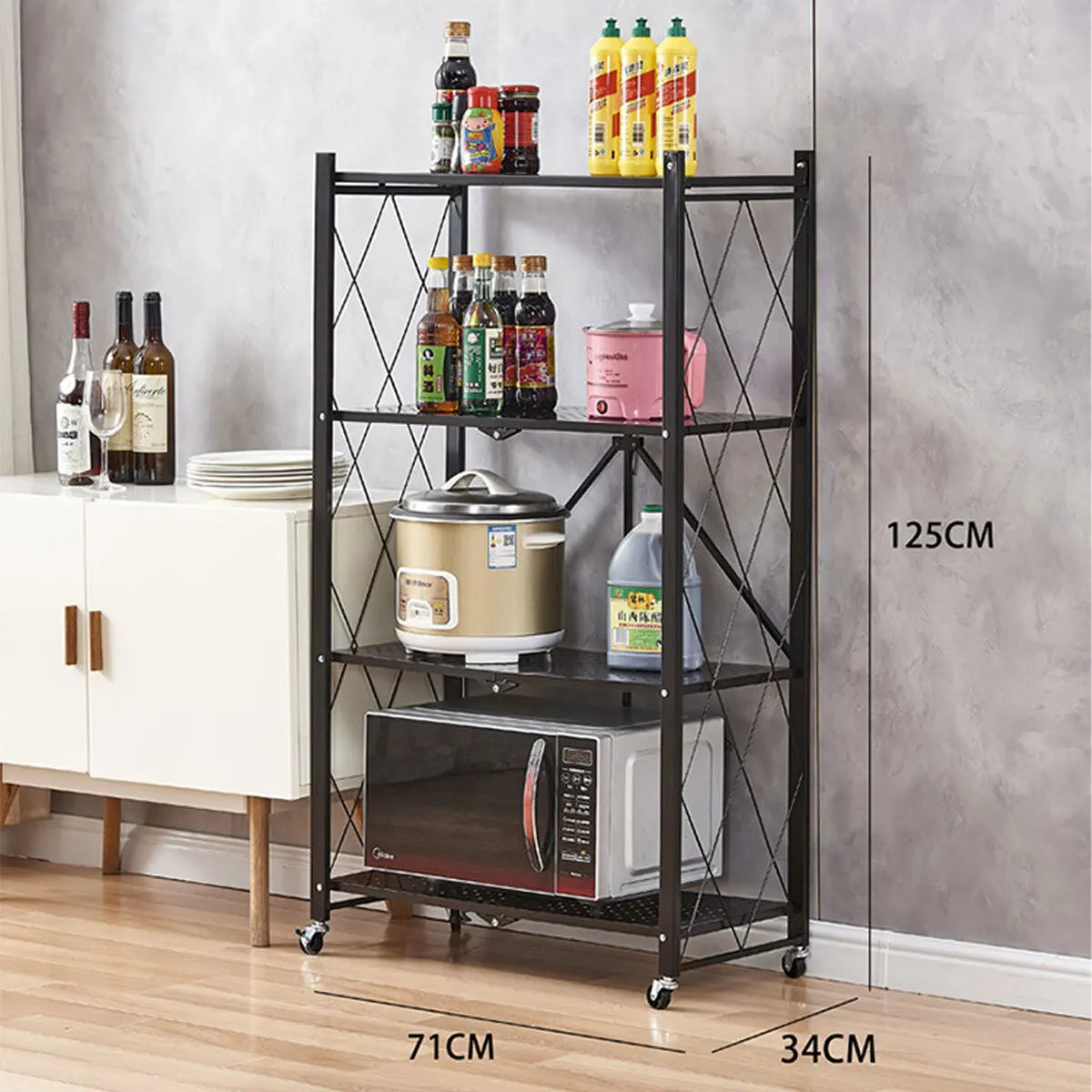 Folding Trolley Cart Shelf Storage Rack Rolling Office Wheels Metal 3/4/5 Tier