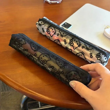 Sanrio Mesh Hello Kitty Black and White Pencil Case Zero Wallet Headphone Bag Girl's Portable Makeup Brush Storage Bag Gift