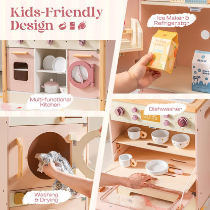 Robotime Robud Kids Corner Kitchen Playset Wooden Play Kitchen Set with Realistic Sound Pretend Play Gift for Boys Girls Pink