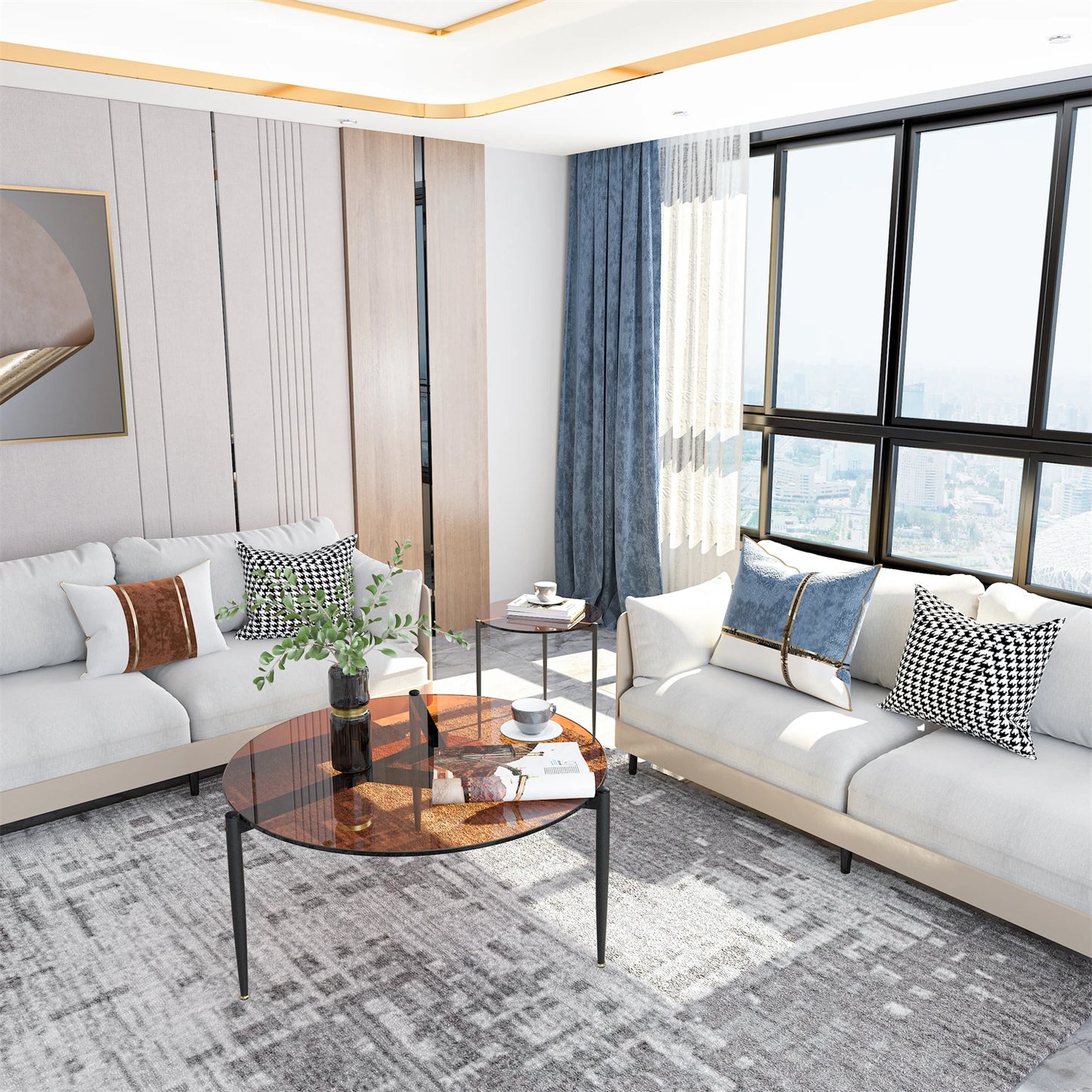 Coffee Table Leisure Round Table Tempered Glass Sofa Side End Table with Sleek Metal Legs for Living Room Office