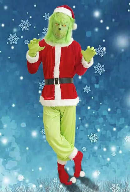 Grinch Christmas Costume for Adults Green Fleece Santa Suit with Red White Trim Festive Holiday Party Outfit Cosplay Full Set