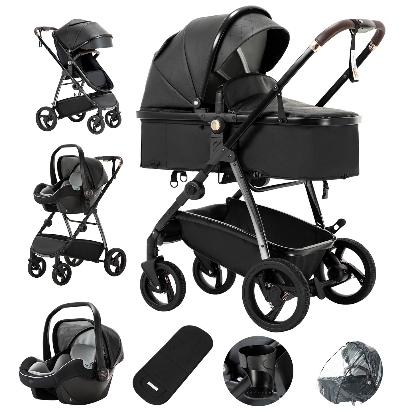 Baby stroller 3 in 1 Baby carriage Portable luxurious travel pram High landscape newborn baby stroller with baby carrier PU