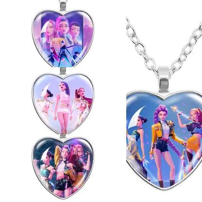 Kpop Demon Hunter Hanging Keychains Heart Necklace Bracelet Set Kpop Huntrix Character Pendant Accessories Fans Party Favor Gift