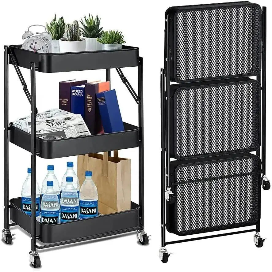 3 Tier Metal Folding Trolley Cart Storage Rack Rolling Shelf Beauty Office Wheel