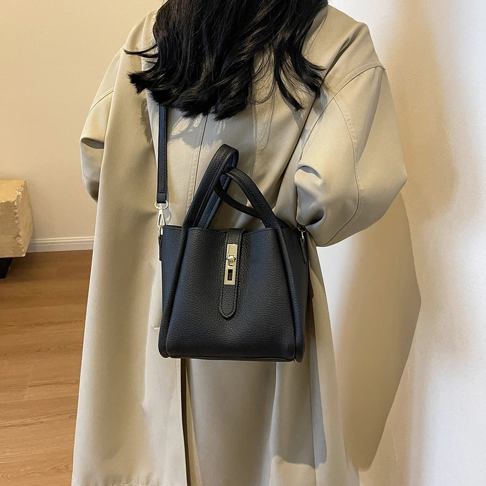 Luxury PU Leather Bucket Bag for Women Large Capacity Handbag with Inner Bag Double Handle Magnetic Closure Shoulder Bag Satchel