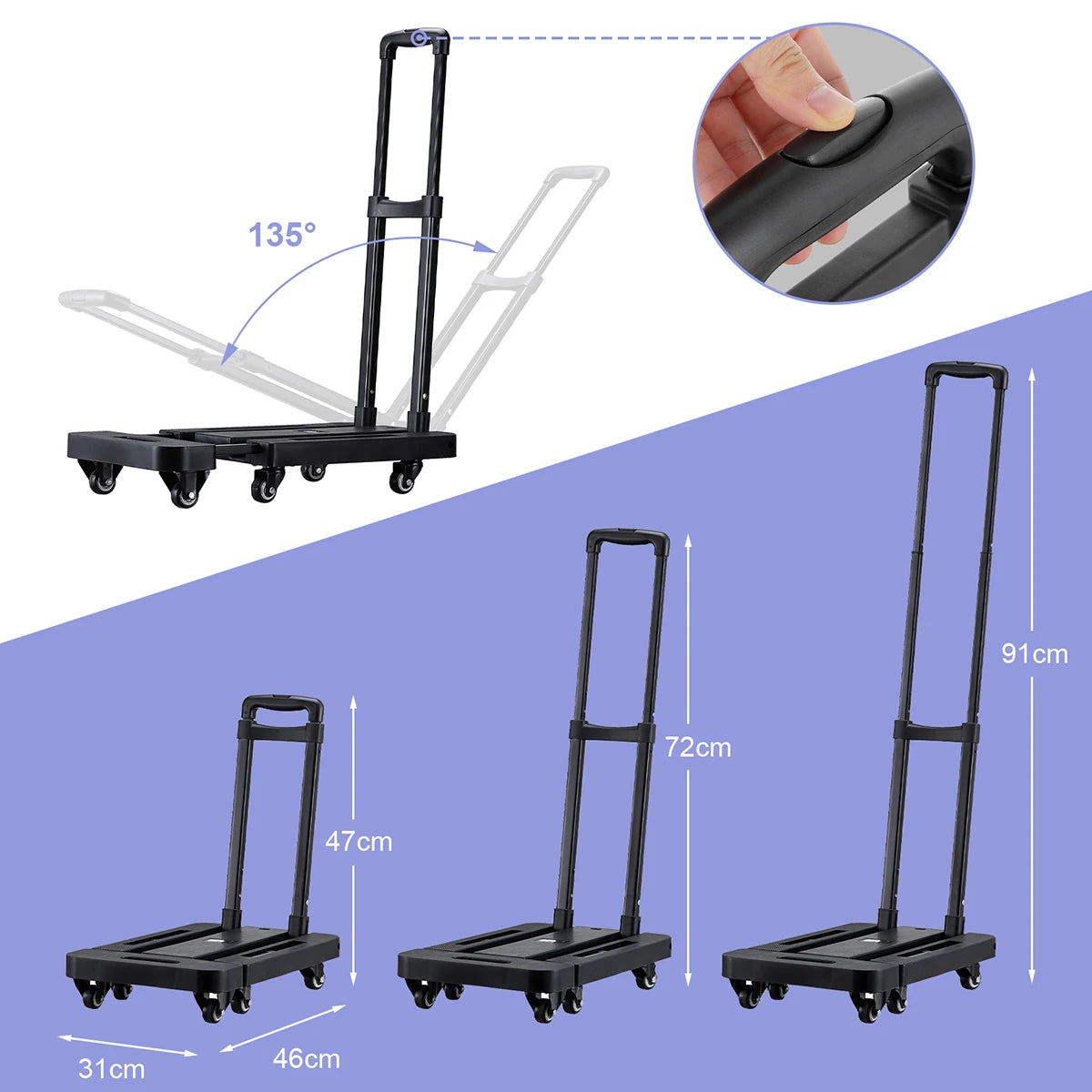 Folding Hand Truck 6 Wheel 200KG Capacity Heavy Duty Trolley Portable Telescopic Handle Cart Luggage Travel Moving Shopping Cart
