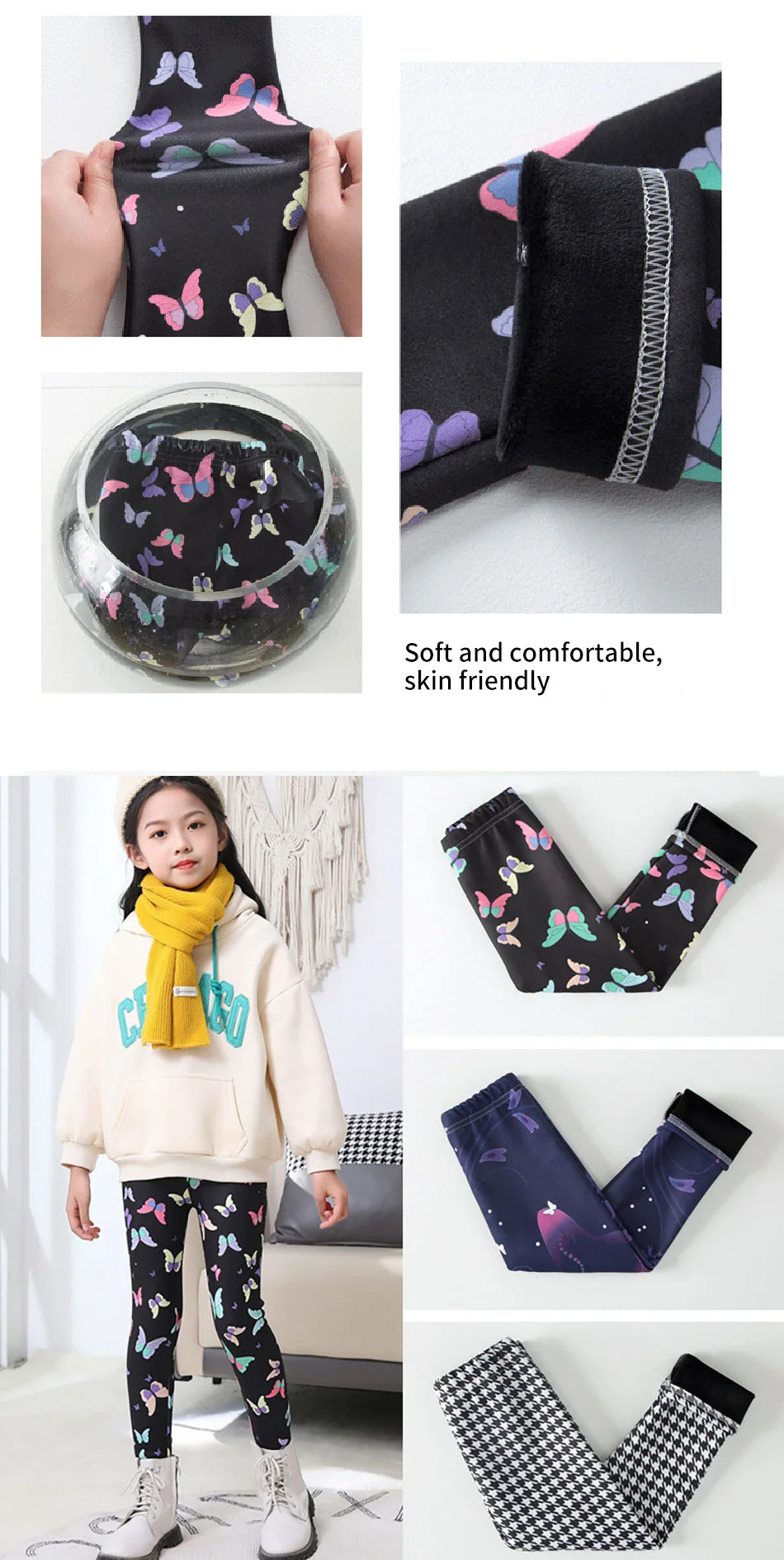 Girls Winter Leggings - Warm Plush Thickened Butterfly Print Pants for Kids