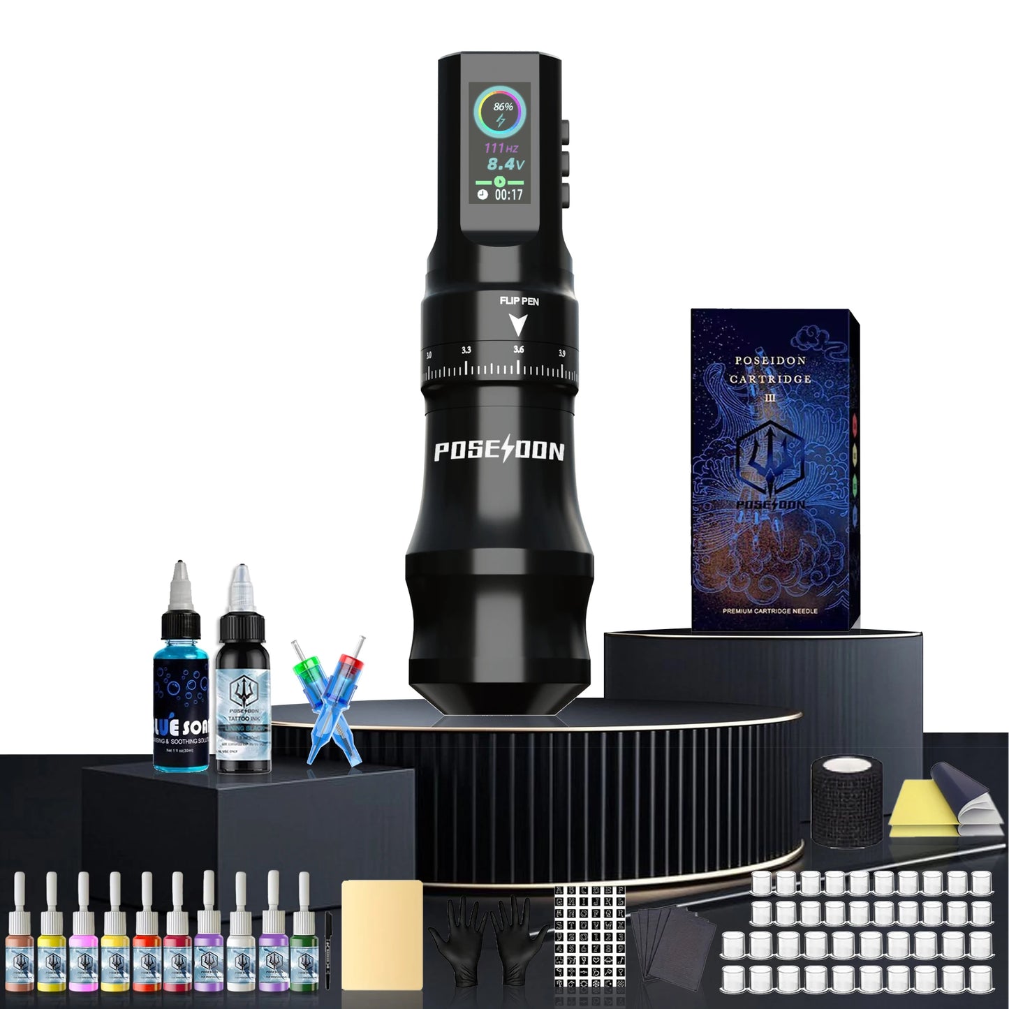 Tattoo Kit POSEIDON Tattoo Pen Kit For Permanent Makeup Tattoo Machine Kit Black Wireless Tattoo Power Supply Tattoo Gun Kit