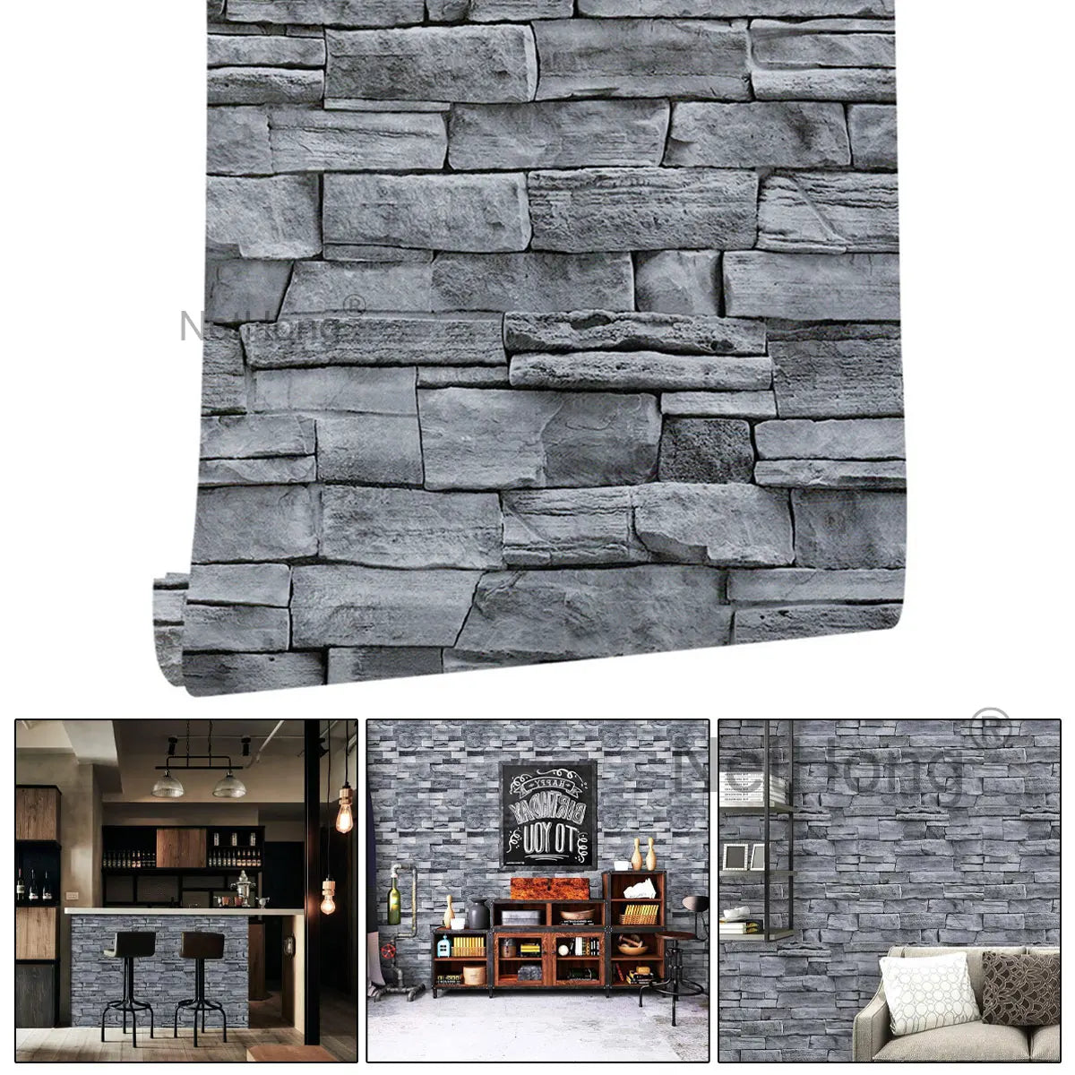6M 3D Gray Stone Brick Effect Wallpaper Vinyl Self Adhesive Wall Stickers
