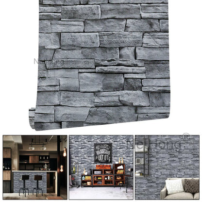 6M 3D Gray Stone Brick Effect Wallpaper Vinyl Self Adhesive Wall Stickers