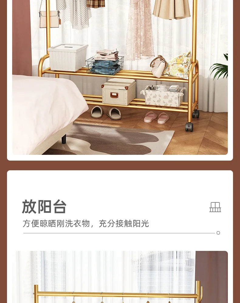 Aesthetic Golden Clothes Rack Metal Balcony Nordic Wheels Clothes Rack Floor Bedroom Burro Ropa Perchero Hallway Furniture