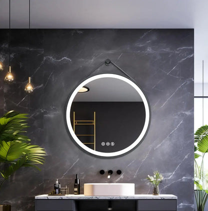 60/70/80CM Round LED Bathroom Mirror Wall Hanging Frontlit Vanity Makeup Mirror with Leather Strap Touch Anti-fog