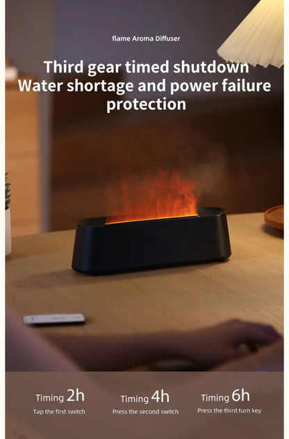 Luftbefeuchter mit Flammen-Aromatherapie-Diffusor, der ätherische Öle in 7 Farben aufnehmen kann, mit Timer und USB-Anschluss für den Schreibtisch.