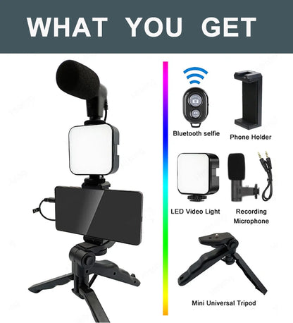 Phone Holder Photography Lighting Smartphone Video Kit Microphone LED Selfie Tripod Recording Handle Portable Stabilizer Bracket