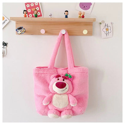Disney 2025 New Cartoon Plush Doll Shoulder Bag Sweet and Cute Stitch Strawberry Bear Soft Cute Girls Handbag