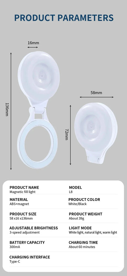 Portable Magnetic Mobile Phone Selfie Fill Light, Rechargeable Phone Selfie Light for Selfies/Photography/TikTok/live streaming