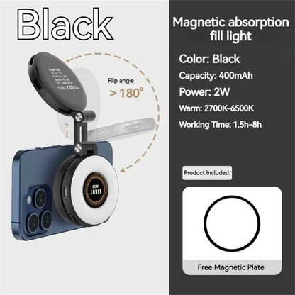 2in1 For Travel, Desktop, Selfies, Video, Makeup Portable Foldable Magnetic Rechargeable Ring Fill Light Phone Holder Perfect