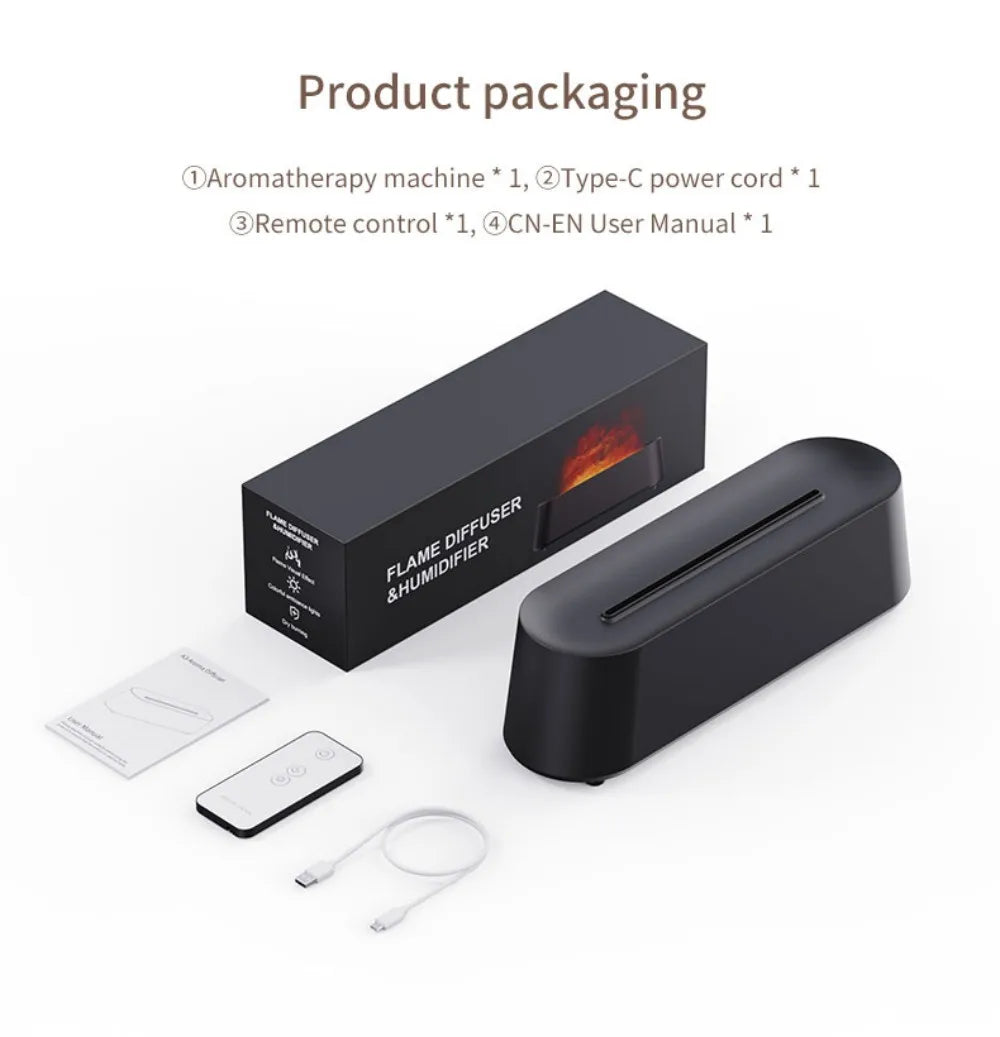 Luftbefeuchter mit Flammen-Aromatherapie-Diffusor, der ätherische Öle in 7 Farben aufnehmen kann, mit Timer und USB-Anschluss für den Schreibtisch.