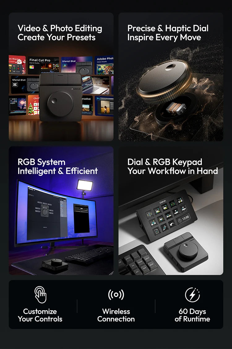 Uianzi D100H Dial Creative Controller Video Editing Assistant for Youtube Tiktok PR PS Support Bluetooth Key Production Console