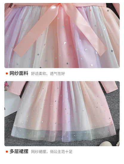 Girls Dress Blue Autumn Princess Dress Kids Clothes Birthday Party Dress Pink Long-sleeved for Children Fashion Rainbow 1-6Y