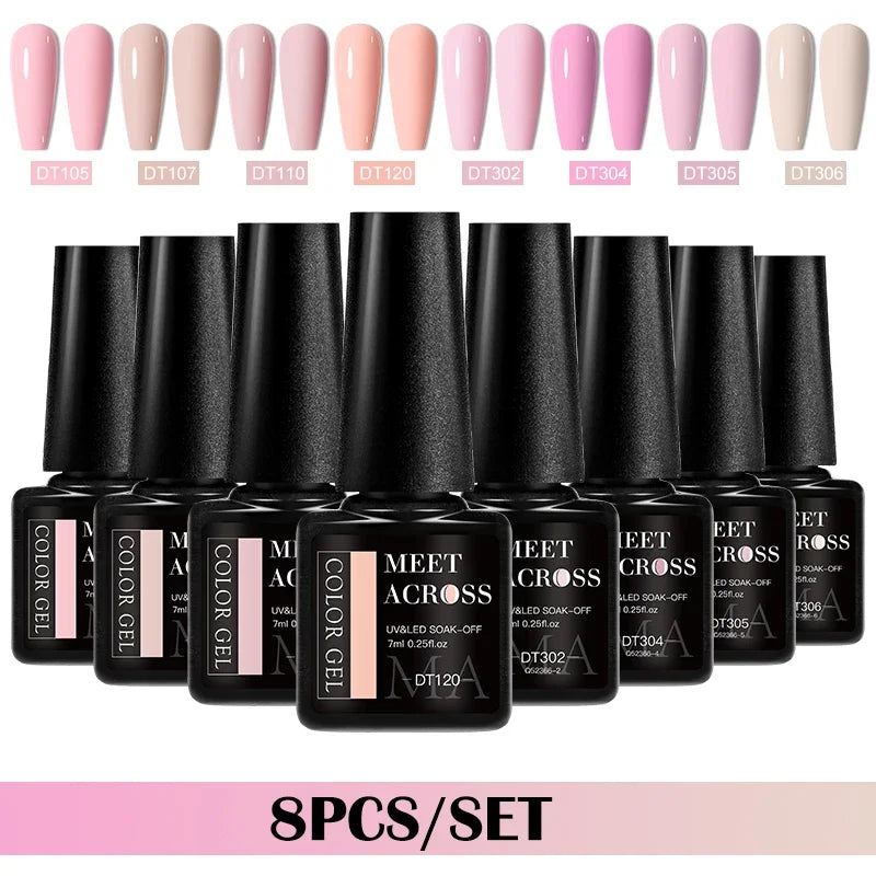 MEET ACROSS 8-teiliges Gel-Nagellack-Set für alle Jahreszeiten, Neon-Marcaron-Grün-Rot-Serie, UV-Gel-Lack-Maniküre-Set, Nagelzubehör