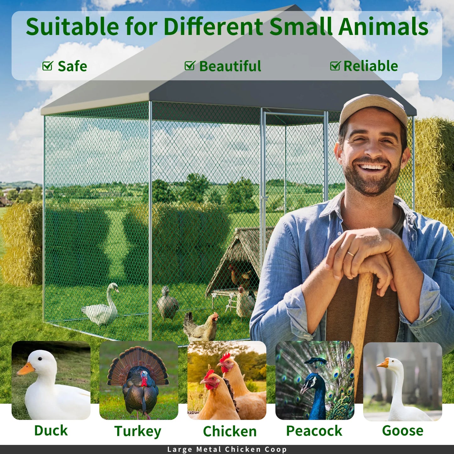 Jumbo Large Metal Chicken Coop Runs for Outdoor Yard, Walk in Chicken Cage, with Mesh and Waterproof Cover, Hen House
