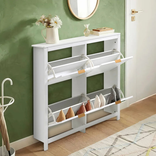Livingandhome Flip Down Wood Shoe Cabinet in White for Hallway, Mudroom or Entryway