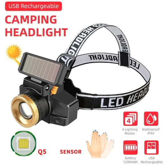 200000LM Solar LED Headlamp Rechargeable Headlight Portable Flashlight 1/2pcs