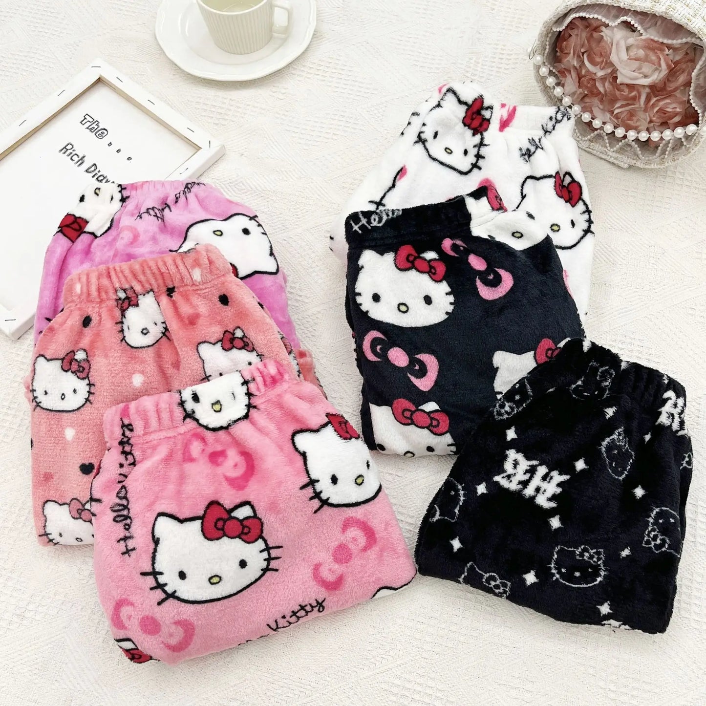 Halloween Cartoon Hello Kitty Flannel Pajamas Women's Autumn and Winter Plus Velvet Warm Casual Home Graffiti Pants