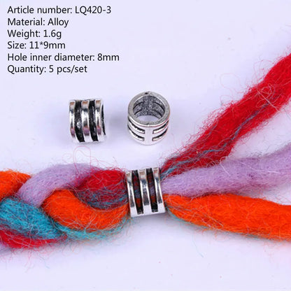 5 Pcs Antique Silver Hair Braid Dread Dreadlock Beads Cuffs Tuber Approx 8mm Inner Hole for Hair Styling Accessories Tool