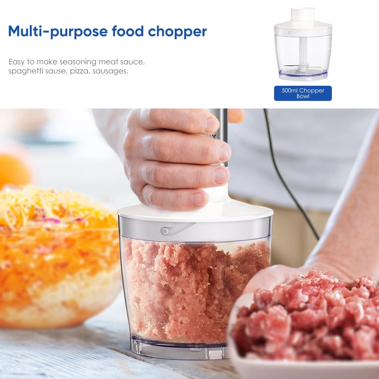 BioloMix 1000W 4-in-1 Immersion Hand Stick Blender Mixer Vegetable Meat Grinder 500ml Chopper Whisk 600ml Smoothie Cup