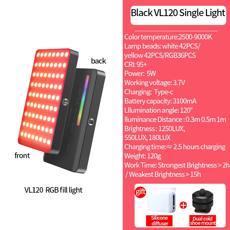 Ulanzi VL120 Full Color RGB Video Light 2500K-9000K LED Photography Lighting Dimmable Camera Light Live Videography Fill Lamp
