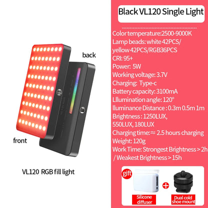 Ulanzi VL120 Full Color RGB Video Light 2500K-9000K LED Photography Lighting Dimmable Camera Light Live Videography Fill Lamp