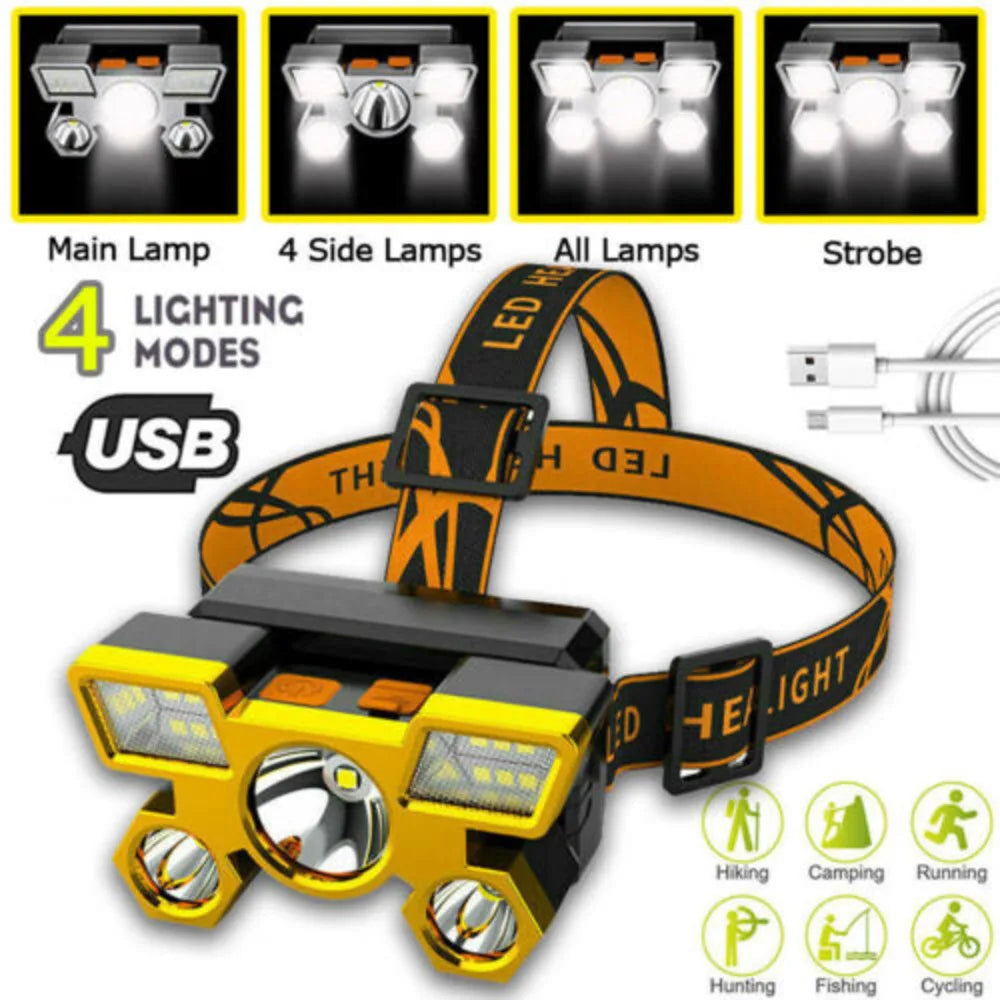 Super Bright 5 LED Head Flashlight USB Rechargeable HeadLamp Outdoor Powerful Waterproof Camping Fishing Adventure Head Lantern