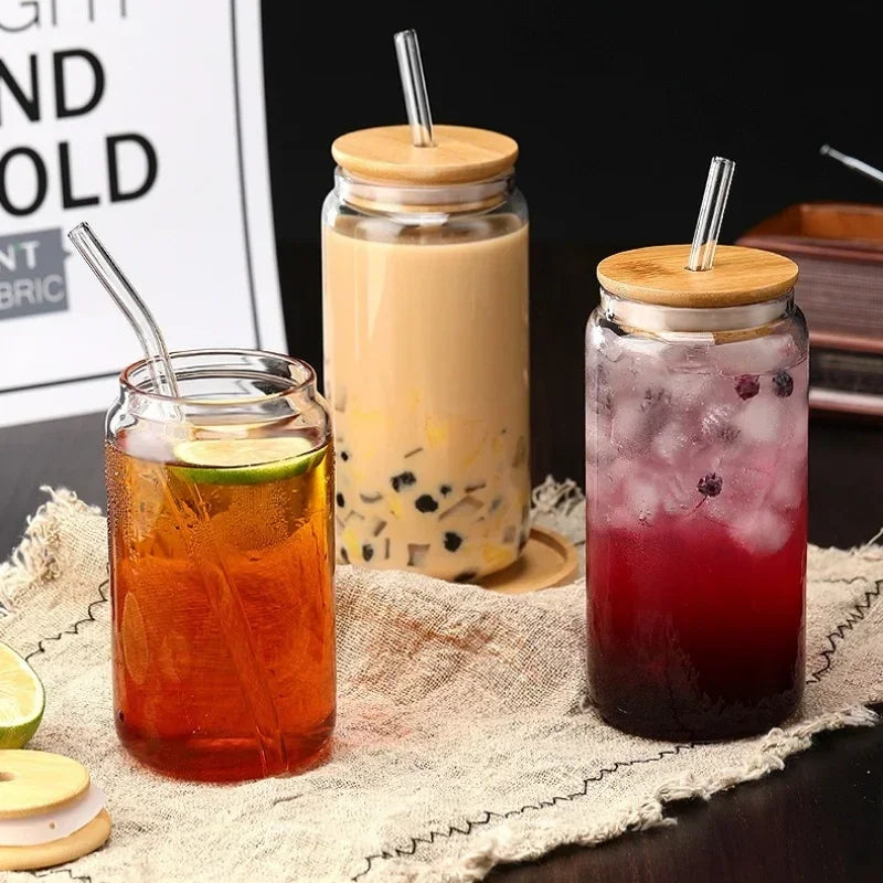Glass Straw Cup with Dustproof Wooden Lid Heat-resisting Transparent Glass Bottle Breakfast Cola Milk Drinking Cups Holiday Gift