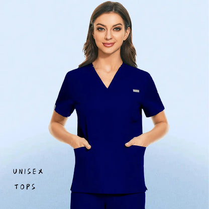 Hospital Nursing Uniform Surgery Scrubs Tops Women Short Sleeved Shirts Dental Clinic Workwear Nurse Blouse Doctor Clothes Black