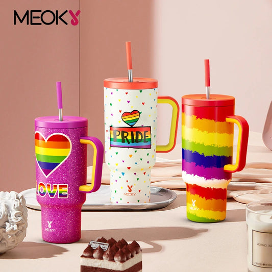 Meoky Cup 40oz Large Tumbler Straw Cup with Lid leak-proof Sainless Steel Vacuum Insulated Car Mug Water Bottle Pride Month
