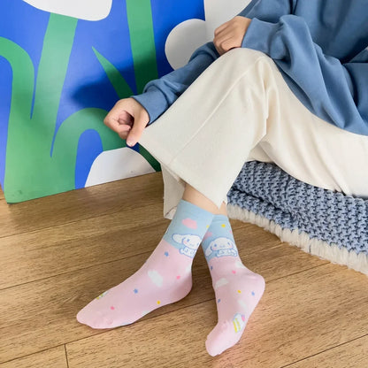 1pair Miniso Cinnamoroll Cartoon socks girl's blue combed cotton mid-tube stockings cute sanrio puppy stockings