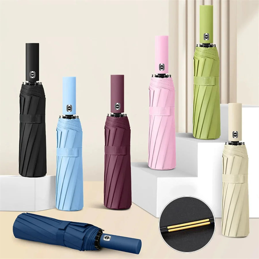 12 Bone Black Glue Fully Automatic Umbrella With Thick And Durable Keel Three Fold Umbrella UV Resistant Folding Umbrella