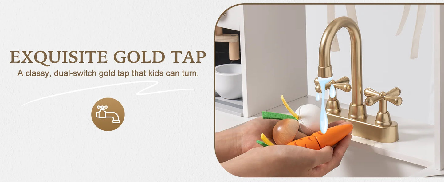 ROBOTIME Wooden Play Kitchen Toy Kitchen Set with Ice Maker and Coffee Machine Realistic Kitchen Set Gift for Toddlers