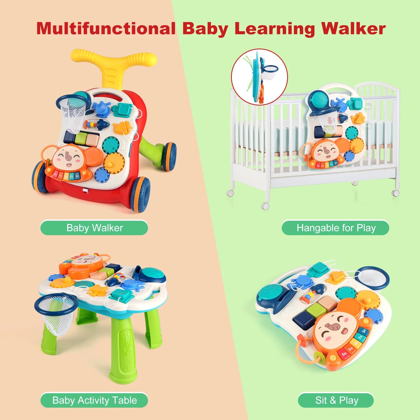 Baby Cartoon Push Walker Toys with Music Drawing Board Multifunction Activity Learning Walk Toddler Walker for 12M+ Infants
