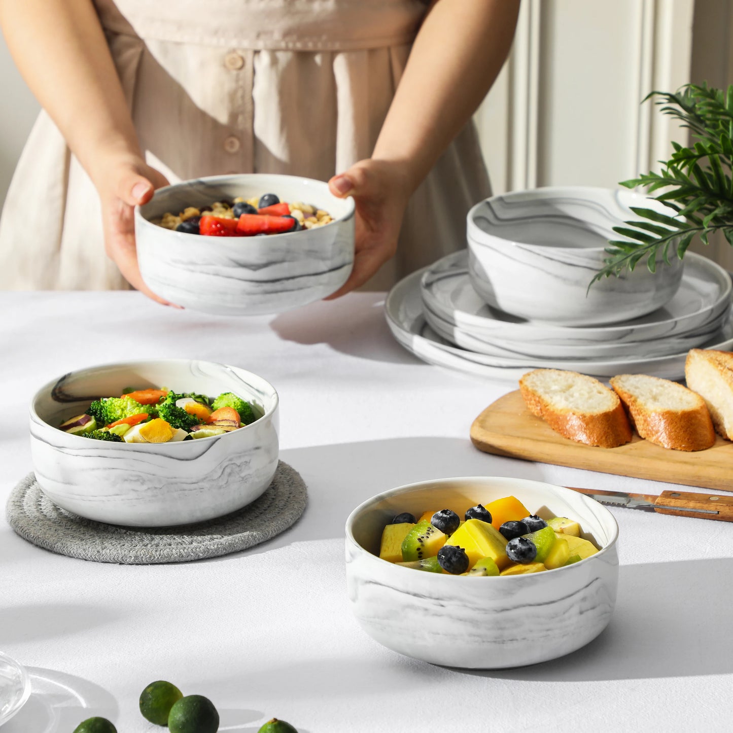 MALACASA 4 Piece Bowl 26oz Ceramic Dinnerware set White Porcelain Plates Grey Marble Tableware Set Cereal Bowls Salad Soup Bowls